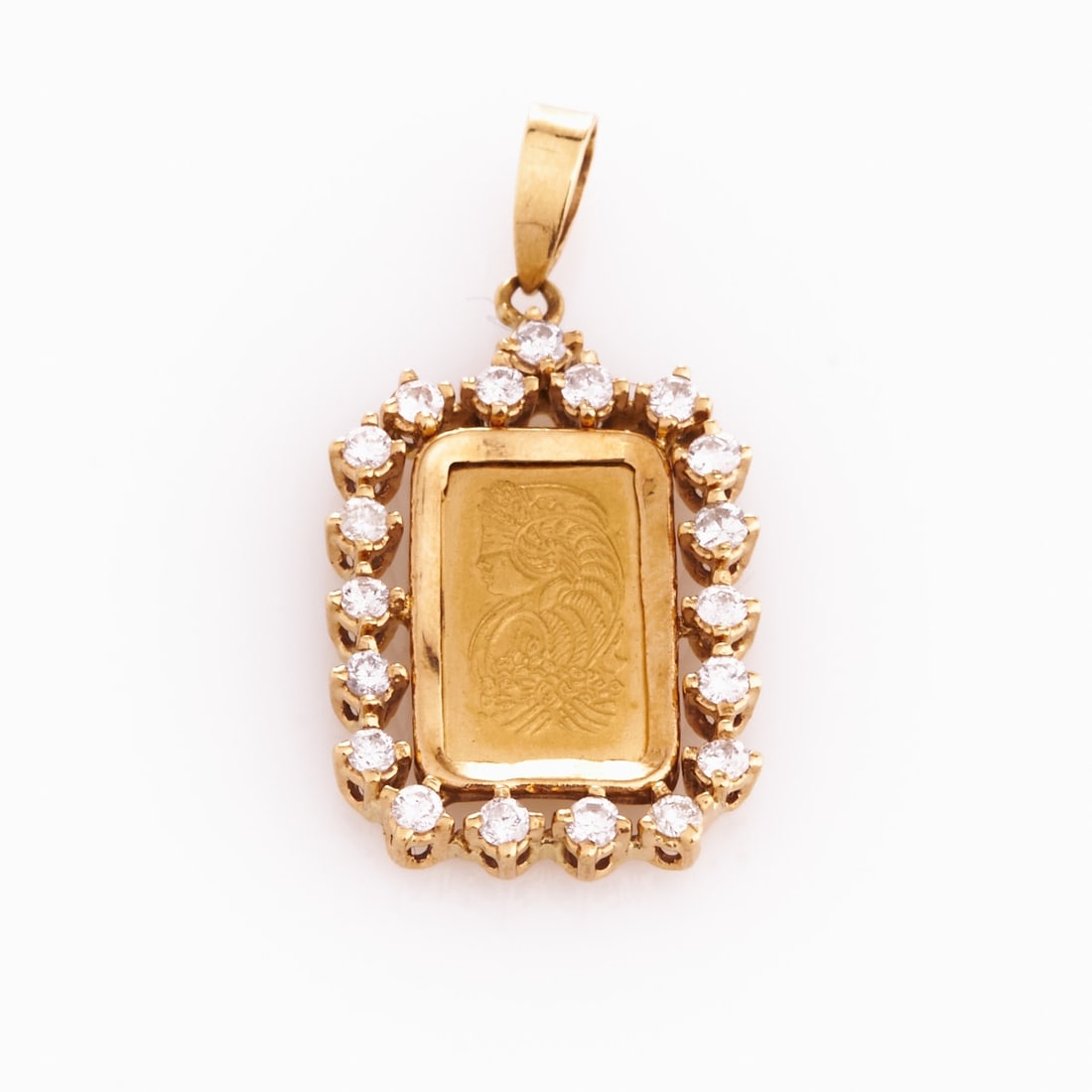 Pendant with fine gold PAMP-Suisse Lady Fortuna: Pendant with fine gold PAMP-Suisse Lady Fortuna 750/- yellow gold, unstamped, and 999.9/- fine gold, stamped. Total weight: 4 g. Set with a 1 gram PAMP Suisse "Lady Fortuna" gold bar. Frame