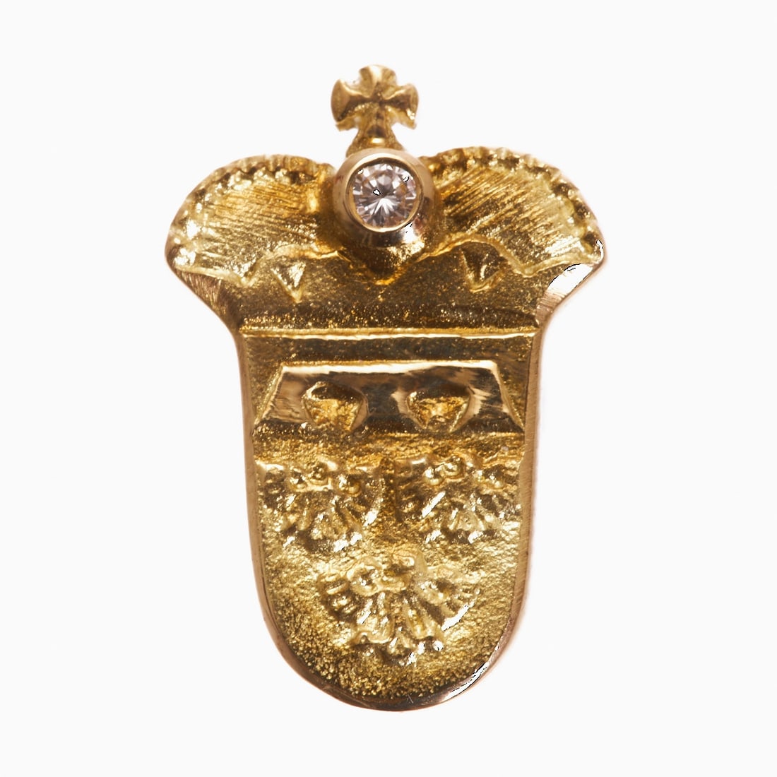 Heraldic Diamond Pin: Heraldic Diamond Pin 750/- yellow gold, stamped. Total weight: 3.2 g. 1 brilliant approx. 0.03 ct. Front in the shape of a crowned coat of arms with three eagles, the crown accented with a small