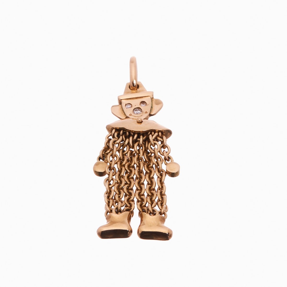 Movable Clown Pendant with Diamonds: Movable clown pendant with diamonds 585/- yellow gold, hallmarked. Total weight: 9.2 g. 3 small eight-cut diamonds totaling approx. 0.06 ct. L. 5.1 cm. W. 1.5 cm. Very good condition. Decorative