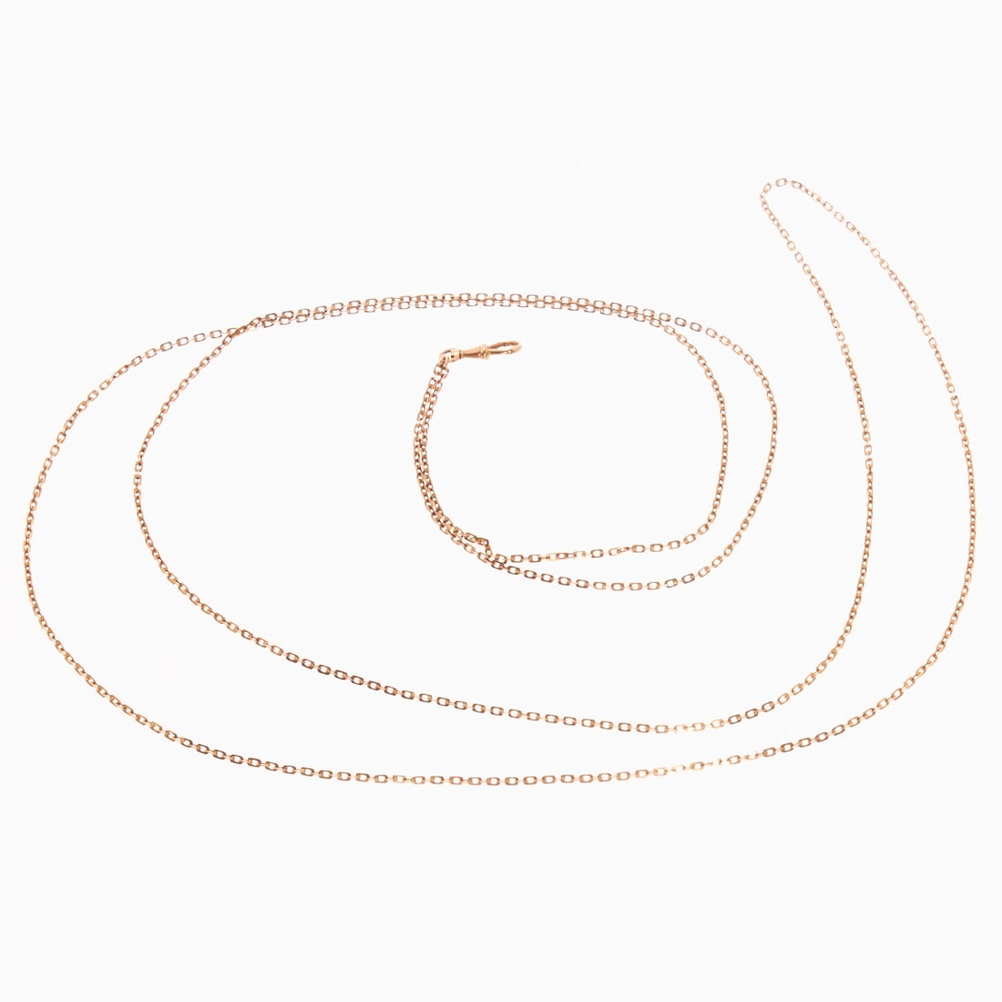 Long, double-row watch chain. Circa 1900.: Long, double-row watch chain Circa 1900. 585/- rose gold, hallmarked. Weight: 18.7 g. L. 78 cm. Very good condition. Elegant, exceptionally long watch chain in a double-row design. Due to its length,