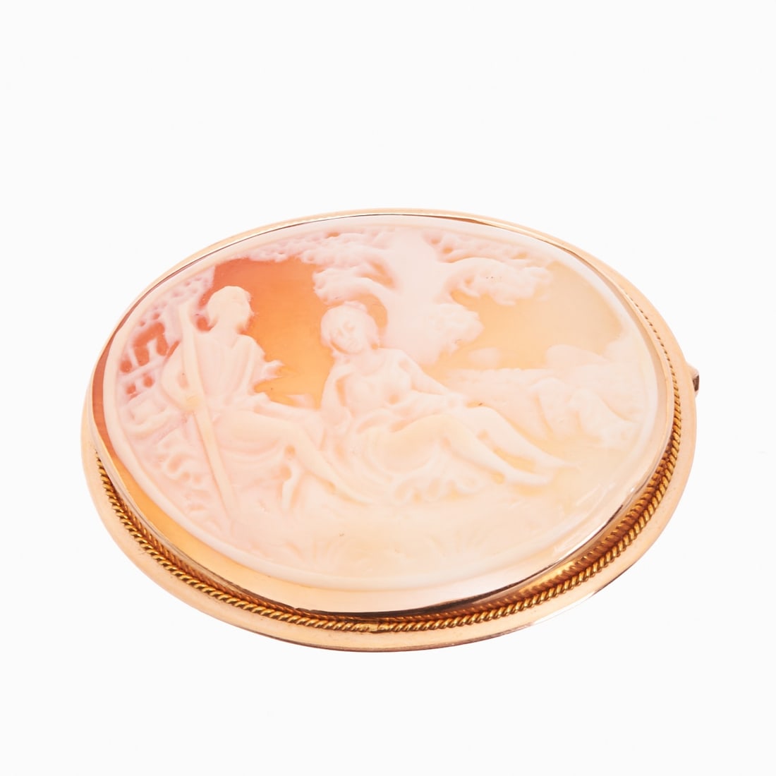 Shell cameo brooch/pendant with mythological depiction: Shell cameo brooch/pendant with mythological depiction 585/- rose gold, stamped. Total weight: 7.4 g. Oval cut shell cameo with finely crafted figural depiction based on an antique model. In a