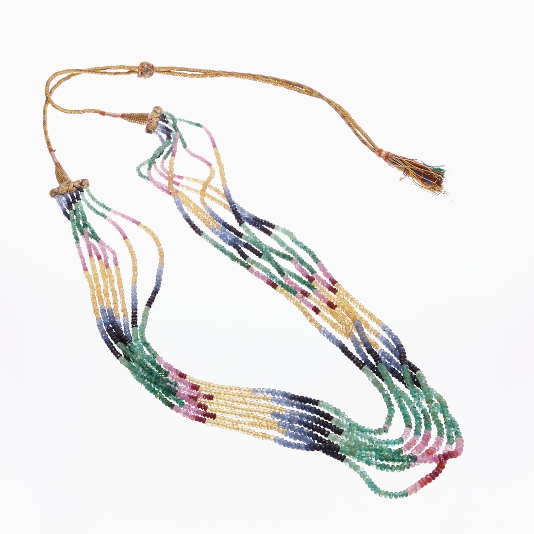 Statement necklace with gemstone beads: Statement necklace with gemstone beads Expressive statement necklace made of emerald, sapphire, and ruby beads, crafted in 7 strands. Weight: 68 g. Necklace length approx. 72 cm. Total length approx.