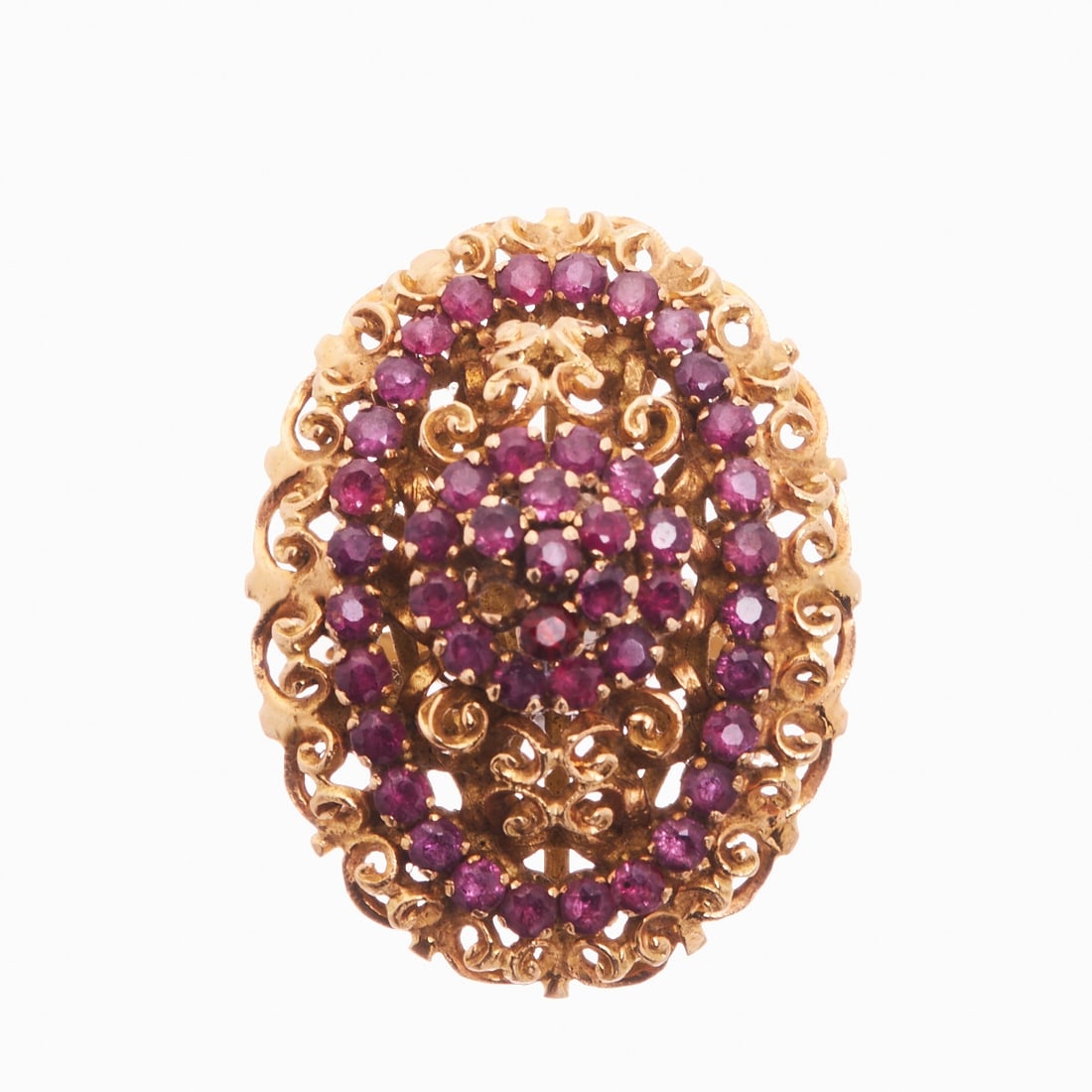 Opulent ruby ring: Opulent ruby ring 750/- yellow gold, hallmarked. Total weight: 14 g. Numerous faceted rubies of different sizes. Two rubies missing from the setting, one of which is included loosely. Signs of age and