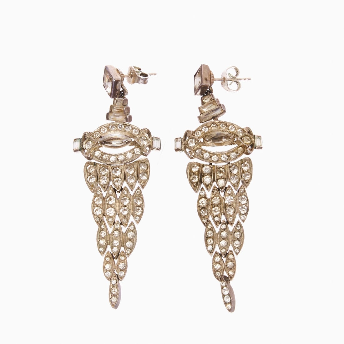 Pair of Art Deco Sterling Silver Earrings: Pair of Art Deco Sterling Silver Earrings Circa 1940. 925/- silver, stamped. Rhinestones. Weight: 17 g. Dimensions: 6.5 x 2.2 cm. Signed: STERLING. Good condition, light signs of wear.