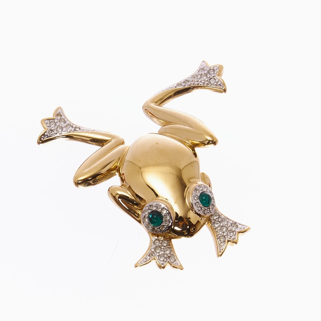 Vintage Frog Brooch: Vintage Frog Brooch Circa 1990. Metal, gold-colored. Rhinestones. Faux emerald. Weight: 27 g. Dimensions: 6 x 5.7 cm. Not signed. Very good condition.