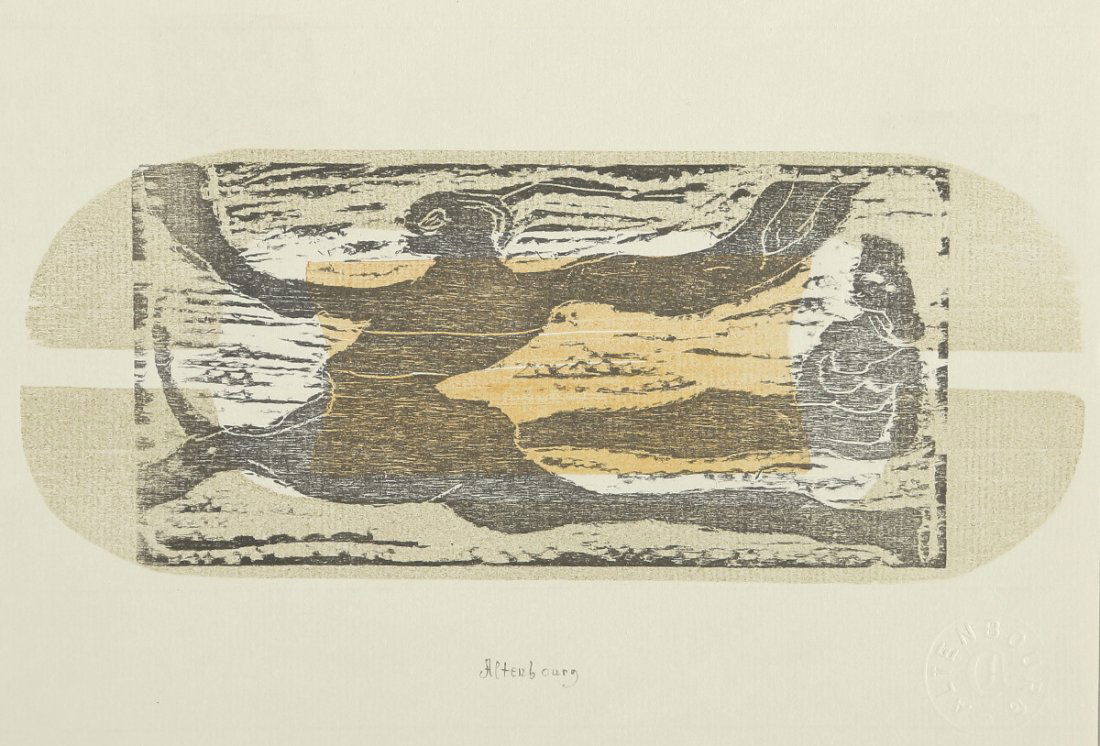 Gerhard Altenbourg 1926 Rödichen - 1989 Meiße...: Gerhard Altenbourg 1926 Rödichen - 1989 Meißen - 'Entschweben, entsteigen: Brüder, selig' - Farbholzschnitt/Papier. Künstlerdruck III/III. 8,3 x 20 cm, 15,4 x 21,5 cm. Sign. M. u.: Altenbourg. Ver