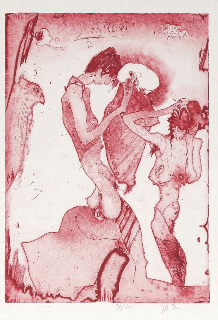 Horst Janssen 1929 Hamburg - 1995 Hamburg - z...: Horst Janssen 1929 Hamburg - 1995 Hamburg - zu 'Drollerei' - Aquatintaradieung/Japan. 96/100. 29,5 x 20,8 cm 33 x 23,7 cm. Monogr. und dat. r. u.: HJ (19)92. Das Blatt liegt lose. Verso Sammlerstempel