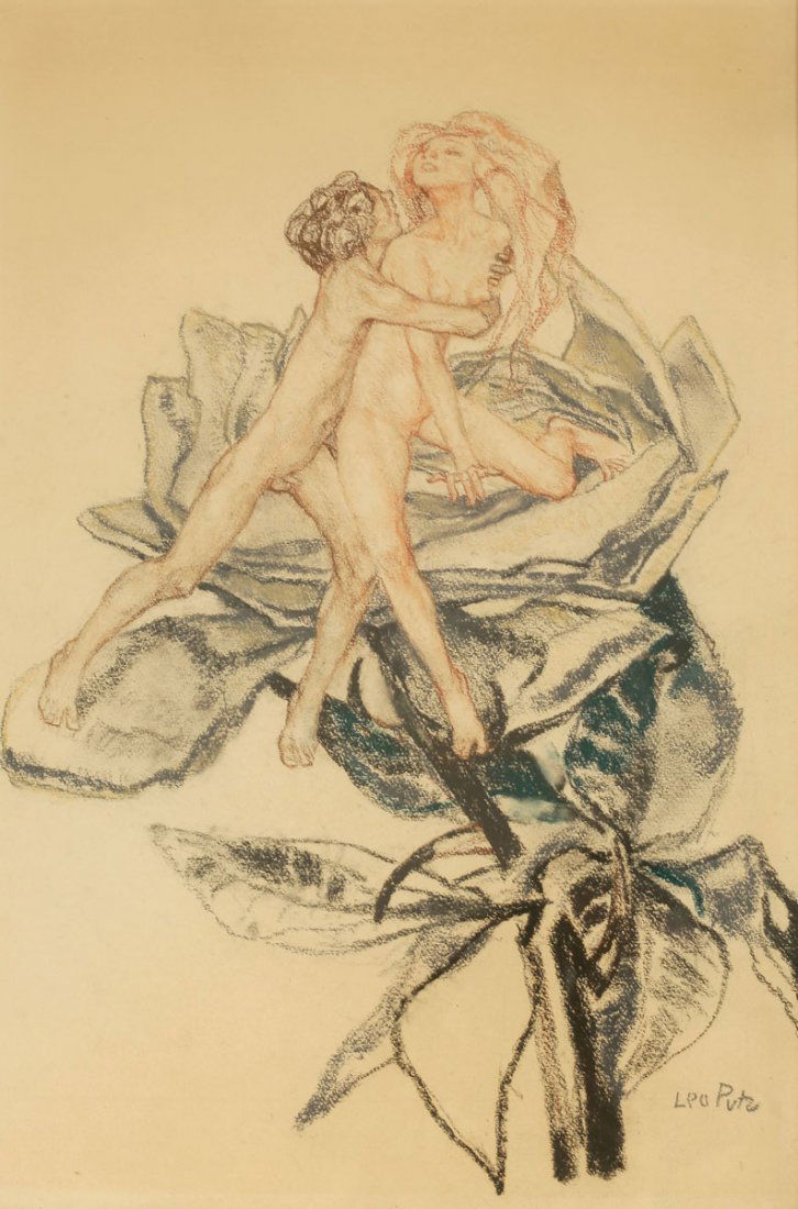Leo Putz 1869 Meran - 1940 Meran - Junges Paa...: Leo Putz 1869 Meran - 1940 Meran - Junges Paar auf RosenblÃ¼te - Farbkreiden/Papier. 47 x 32 cm. Sign. r. u.: Leo Putz. Trockenstempel r. u. Unter Glas gerahmt. Minim. gebrÃ¤unt. - Lit.: Th.-B. XX