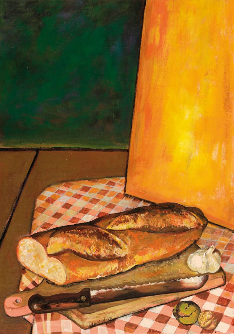 Ernst Marow 1934 KÃ¶nigsberg/Neumark - lebt i...: Ernst Marow 1934 KÃ¶nigsberg/Neumark - lebt in Mirow/Peetsch - Stilleben mit Brot, Zwiebeln und NÃ¼ssen - Acryl/Lwd. 100 x 70 cm. Sign. und dat. m. u.: Marow (20)07. Verso bez.: Marow 07. Rahmen.