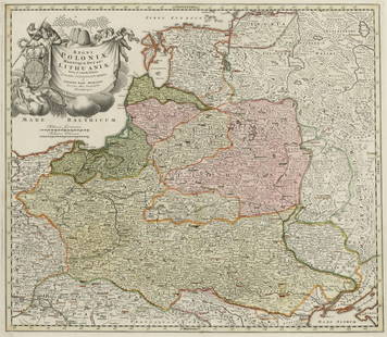 Johann Baptist Homann 1664 Kambach - 1724 Nür...: Johann Baptist Homann 1664 Kambach - 1724 Nürnberg - 'Regni Poloniae Magnique Ducat Lithuaniae' - Kolor. Kupferstich. Mittelfalz. 48,5 x 55,5 cm. 54 x 60,5 cm. In der Platte bez. Unter Glas gerahmt