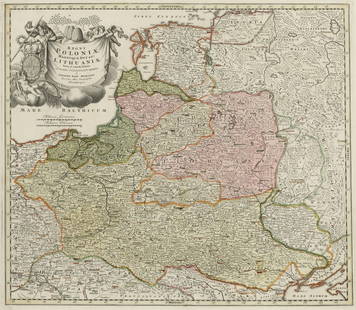 Johann Baptist Homann 1664 Kambach - 1724 NÃ¼r...: Johann Baptist Homann 1664 Kambach - 1724 NÃ¼rnberg - 'Regni Poloniae Magnique Ducat Lithuaniae' - Kolor. Kupferstich. Mittelfalz. 48,5 x 55,5 cm. 54 x 60,5 cm. In der Platte bez. Unter Glas gerahmt