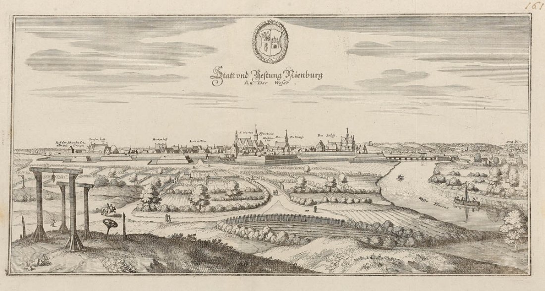 Kaspar Merian 1627 Frankfurt - 1686 Holland -...: Kaspar Merian 1627 Frankfurt - 1686 Holland - 'Statt und Festung Nienburg an der Weser' - Kupferstich. Mittelfalz. 19 x 38 cm. 24,5 x 41,5 cm. - Lit.: Th.-B. XXIV, S. 412/413. Sohn und Schüler von Ma