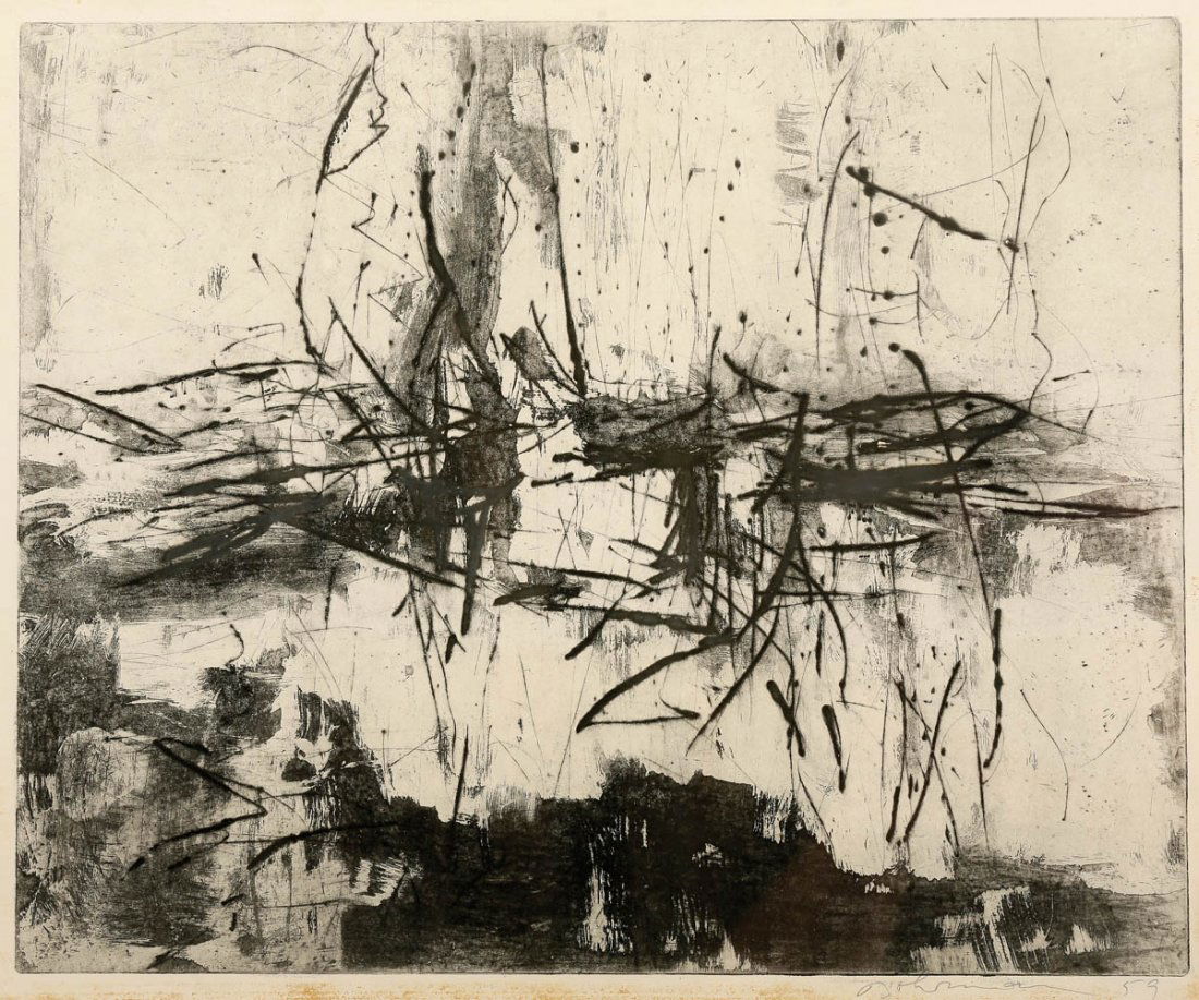 Karl Bohrmann 1928 Mannheim - 1998 Köln - Ohn...: Karl Bohrmann 1928 Mannheim - 1998 Köln - Ohne Titel - Radierung/Papier. 32,7 x 40,2 cm, 35 x 42,5 cm (Passepartoutausschnitt). Sign. und dat. r. u.: Bohrmann (19)59. Passepartout. Unter Glas gerahmt