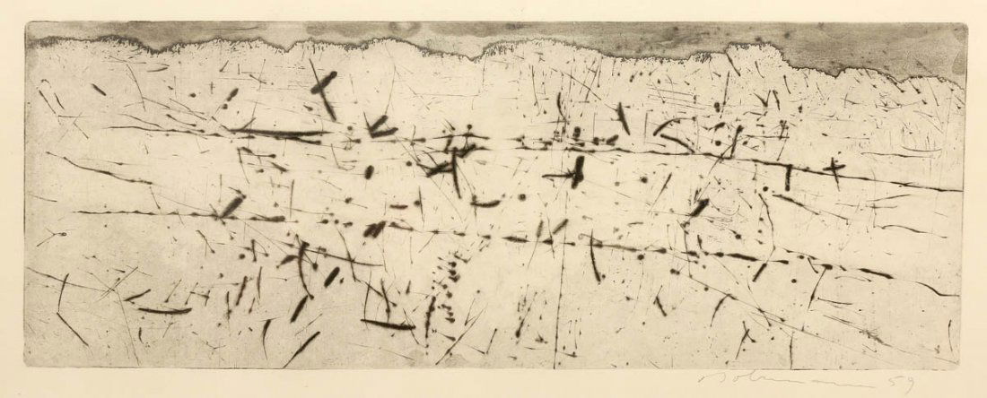 Karl Bohrmann 1928 Mannheim - 1998 Köln - Ohn...: Karl Bohrmann 1928 Mannheim - 1998 Köln - Ohne Titel - Radierung/Papier. 15,3 x 41,5 cm, 22,5 x 52,4 cm. Sign. und dat. r. u.: Bohrmann (19)59. Voll ansichtig unter Glas gerahmt. Ungeöffnet. Zwei Kl