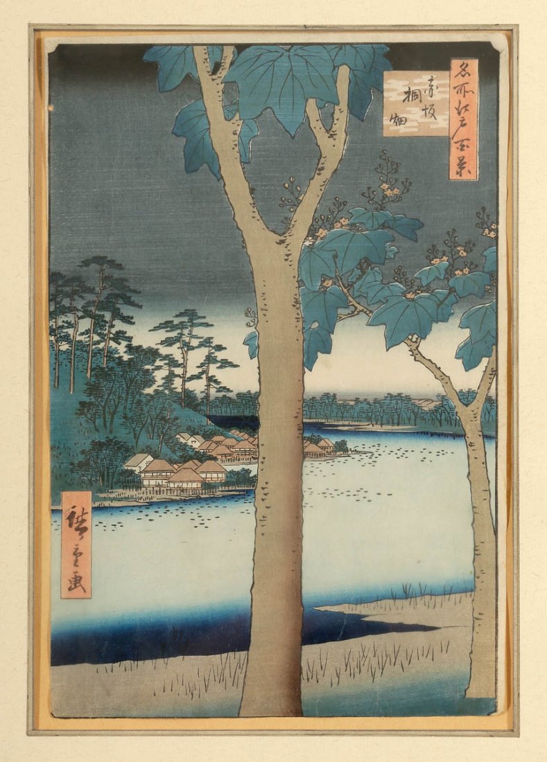 Utagawa Hiroshige Edo 1797 - 1858 - 'Paulowni...: Utagawa Hiroshige Edo 1797 - 1858 - 'Paulownien in Akasaka' - Farbholzschnitt. 34,5 x 23 cm. Im Stock bez. l. u. Unter Glas gerahmt. - Zustand: Kl. Loch l. o. - Lit.: Th.-B. XVII, S. 129. Als das beka