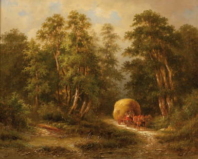 Robert Müller (genannt Wartmüller) 1859 Lands...: Robert Müller (genannt Wartmüller) 1859 Landsberg - 1895 Berlin - Heuwagen in Waldlandschaft - Öl/Lwd. 55,5 x 68,3 cm. Sign. r. u.: Rob. Müller. Verzierter Rahmen. Verso kl. Flicken. Minim. Kratzs