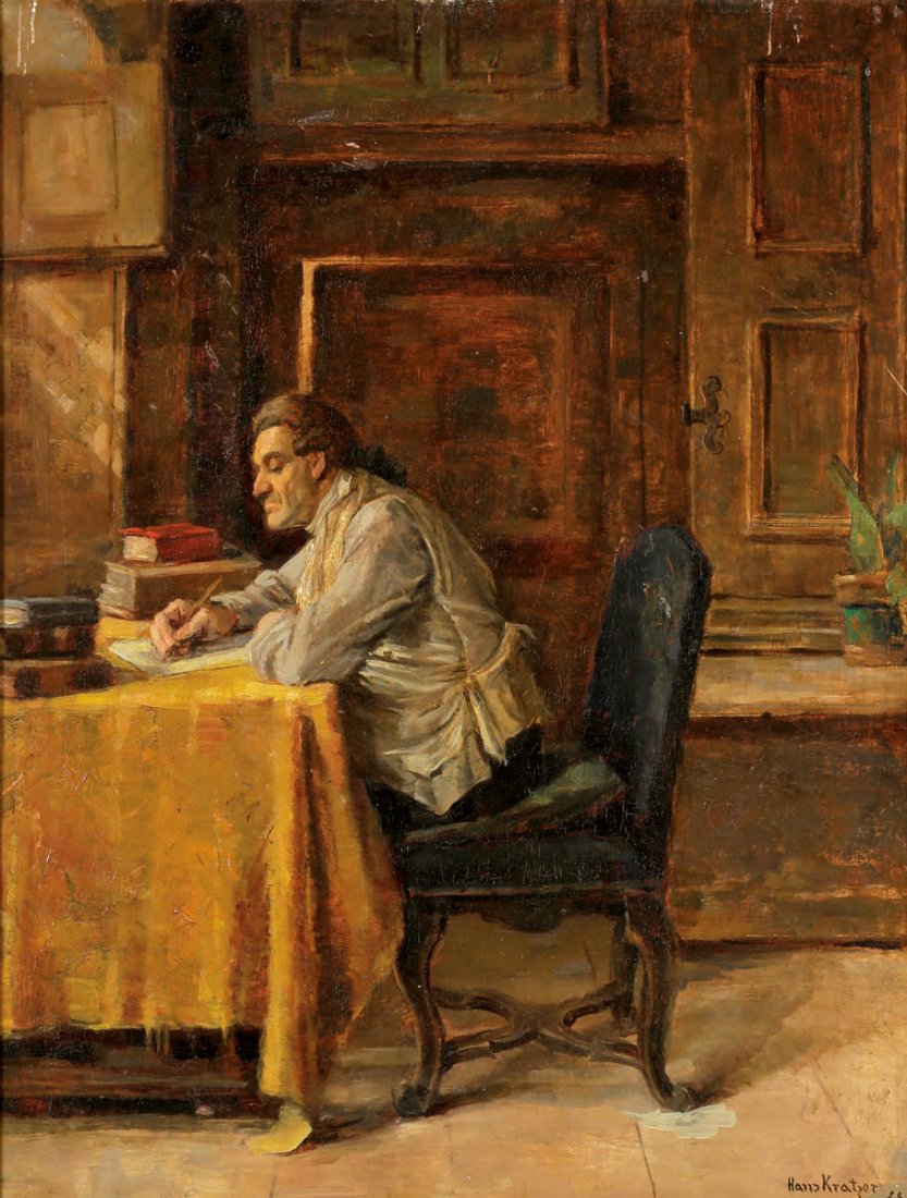 Hans Kratzer 1874 Nymphenburg - Gelehrter am ...: Hans Kratzer 1874 Nymphenburg - Gelehrter am Schreibtisch - Öl/Holz. 45 cm x 36 cm. Sign. und bez. r. u.: Hans Kratzer 28. Rahmen. etwas rest. Kratzspuren.
