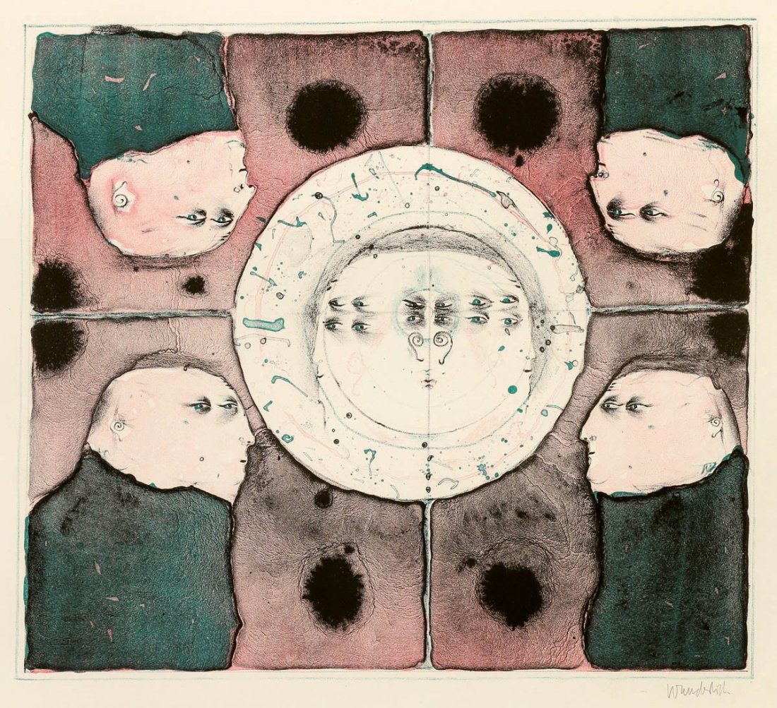 Paul Wunderlich 1927 Eberswalde - 2010 Saint-...: Paul Wunderlich 1927 Eberswalde - 2010 Saint-Pierre-de-Vassols - 'Vier Köpfe' - Farblithografie/BFK Rives. 34,8 x 39 cm, 45,2 x 50,8 cm. Sign. r. u.: Wunderlich. Passepartout. Unter Glas gerahmt. Lic