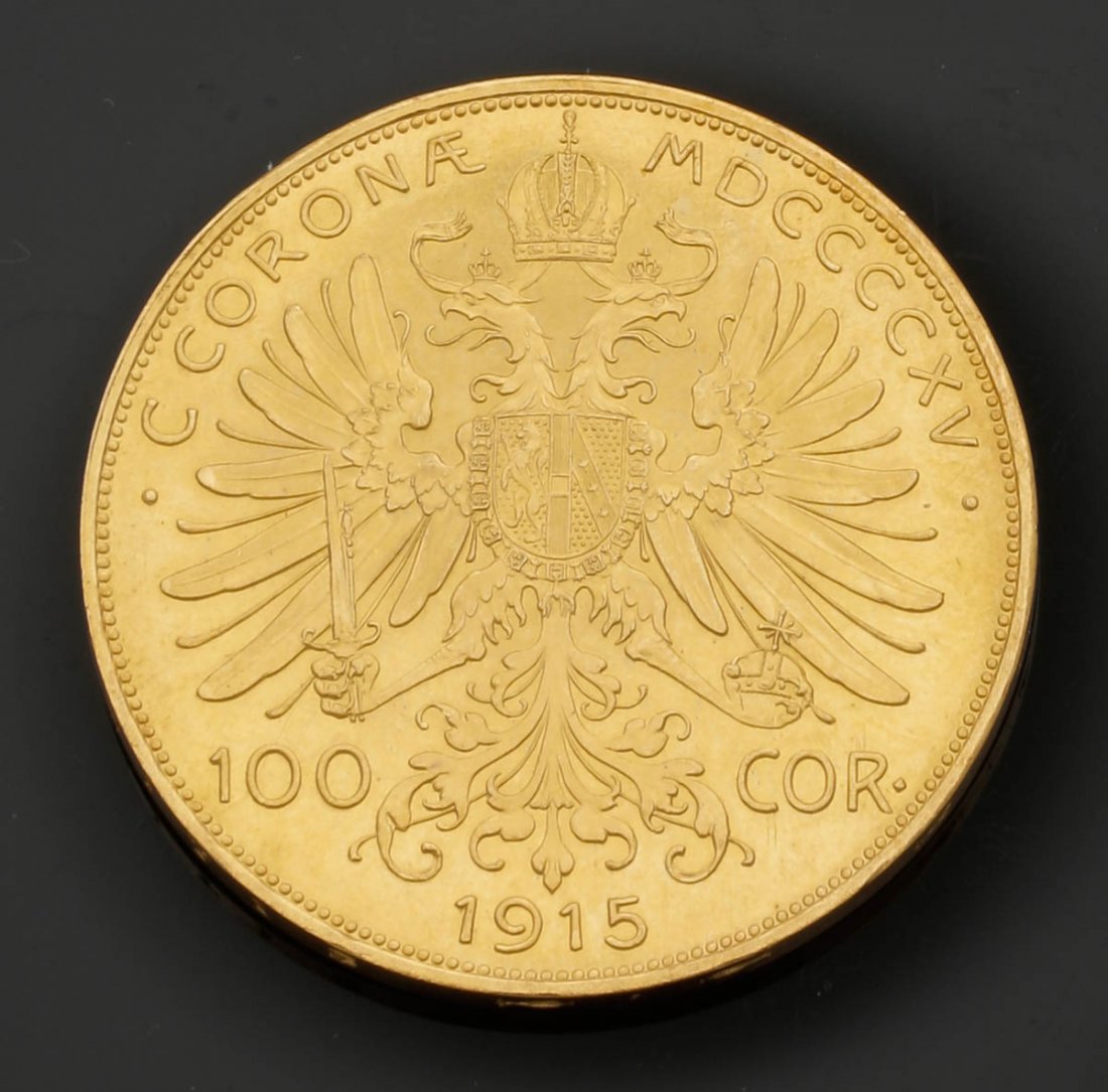 100 Kronen Österreich, 1915. 900er GG. D. 37 ...: 100 Kronen Österreich, 1915. 900er GG. D. 37 mm. Gew. 33,87 g. VZ. Vs.: Porträt Franz Josef. Rs.: Doppelkopfadler mit Wert und Jahreszahl.