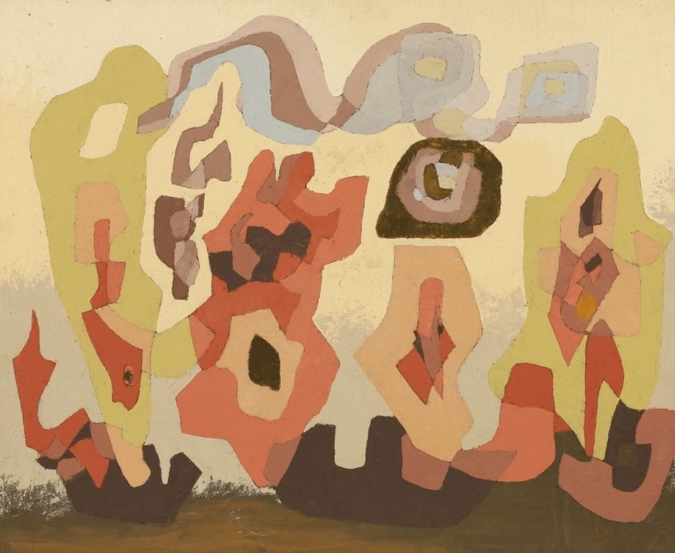 Thilo Maatsch 1900 Braunschweig - 1983 Knigslutter -: Thilo Maatsch 1900 Braunschweig - 1983 Knigslutter - Komposition - l/Hartfaser. 81 x 99 7 cm. Auf der Rckseite numm. sign. und dat.: 509 / Thilo / 28.3.60 / XX. Rahmen. Der Knstler wurde von Kandinsky