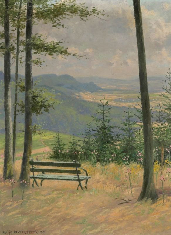 Hans Josef Becker-Leber 1876 Berlin - 1962 Wedel -: Hans Josef Becker-Leber 1876 Berlin - 1962 Wedel - Blick von der Höhe - Öl/Lwd. 80,4 x 60,5 cm. Sign. und dat. l. u.: Hansjof Becker-Leber 1935. Rahmen. Kratzer r. o. - Lit.: Vollmer 1, S. 149. Deut