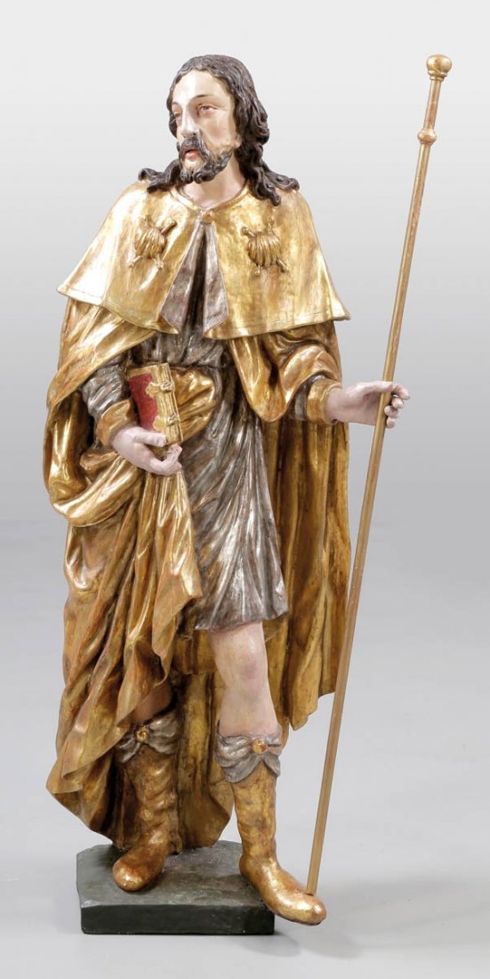 Bildschnitzer des 18. Jahrhunderts - Heiliger Jakobus: Bildschnitzer des 18. Jahrhunderts - Heiliger Jakobus der Ältere - Holz. Polychrom und gold gefasst. H. 143 cm. Rückseitig ausgehöhlt. Fassung teils erneuert. Der Heilige Jakobus, dargestellt mit d