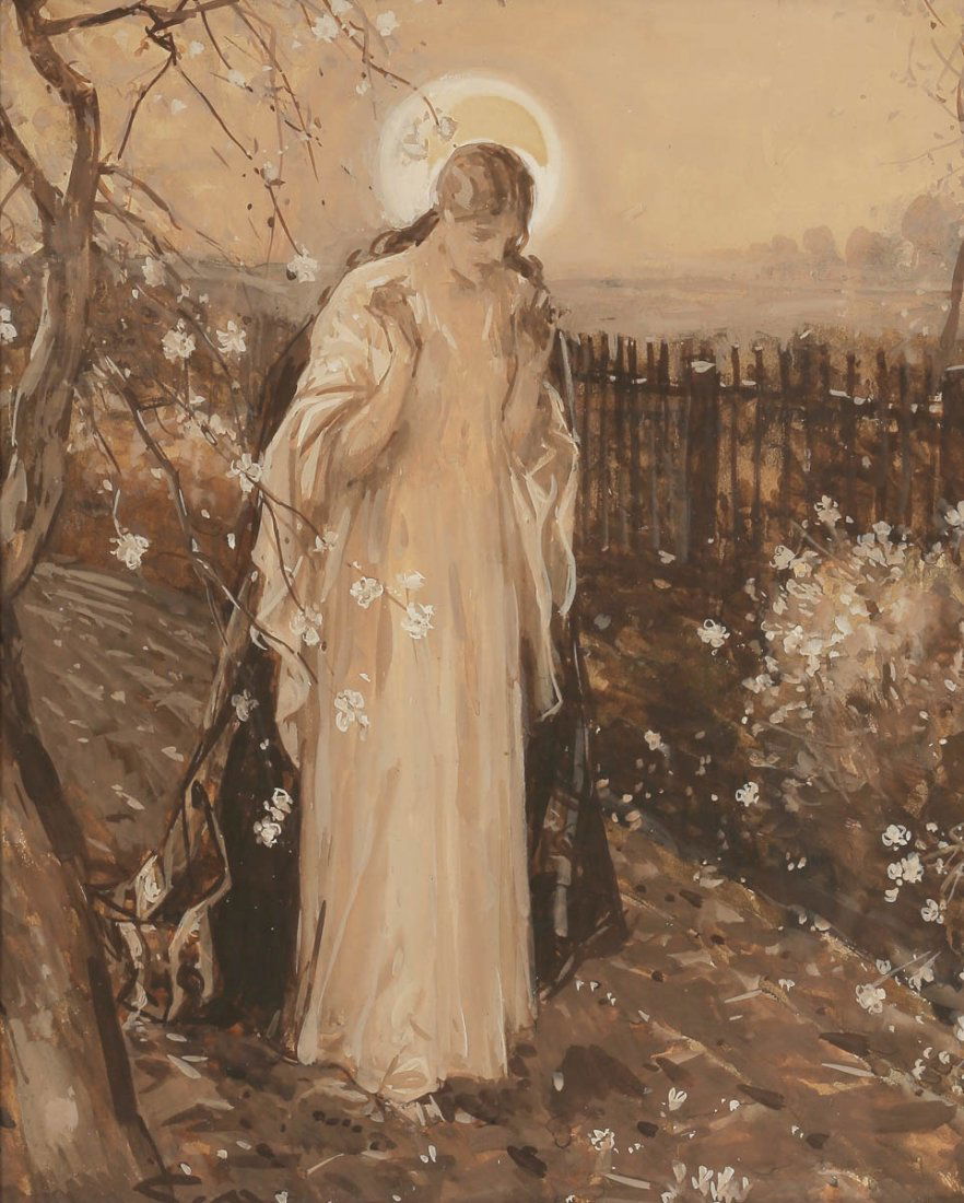 Carl von Marr 1858 Milwaukee WI - 1936 Münche...: Carl von Marr 1858 Milwaukee WI - 1936 München - Der Frühling - Gouache/Papier. 35 x 28,8 cm. Monogr. l. u.: c. M. Unter Glas gerahmt. Ungeöffnet. Früh studierte Carl von Marr bei Henry Viandon in