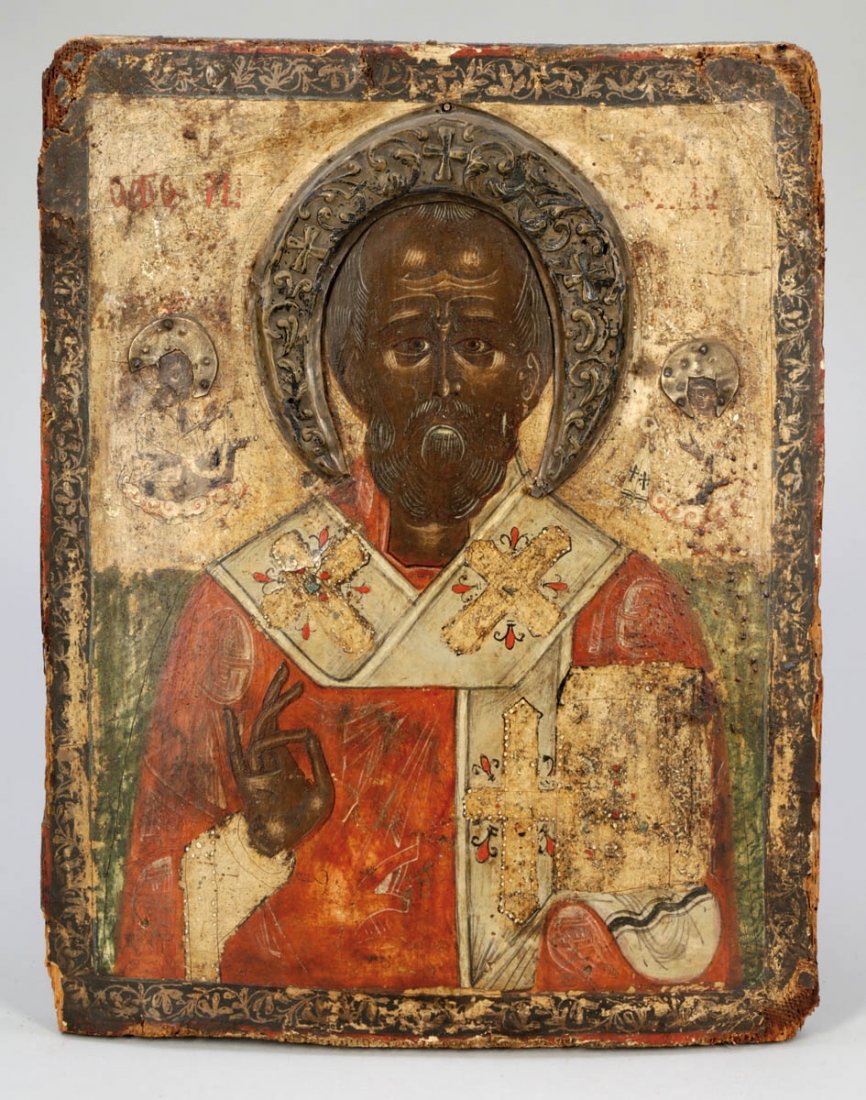 Ikone Russland, 19. Jahrhundert. - 'Hl. Nikol...: Ikone Russland, 19. Jahrhundert. - 'Hl. Nikolaus der Wundertäter' - Tempera/Holz. Messingbasma. 39 x 31 cm. - Zustand: Rest. Bed.
