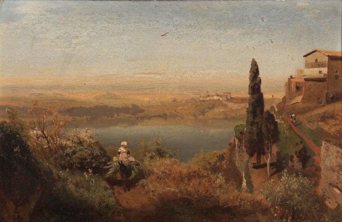 Hermann Ottomar Herzog 1832 Bremen - 1932 Phi...: Hermann Ottomar Herzog 1832 Bremen - 1932 Philadelphia - Italienische Landschaft - l/Holz. 23 x 35 cm. Bez. und sign. l. u.: n. Oswald Achenbach / H. Herzog. Rahmen.