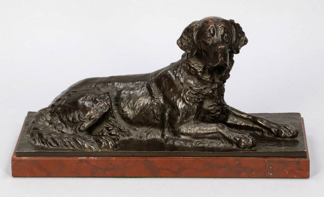 Fritz Diller 1875 Gertjausen - 1946 München -...: Fritz Diller1875 Gertjausen - 1946 München - Liegender Bernhardiner - Galvanobronze. Braun patiniert. Rötlicher Marmorsockel. H. o./m. Sockel: 16,8/19 cm. Auf der Standfläche sign.: F. Diller. Sock