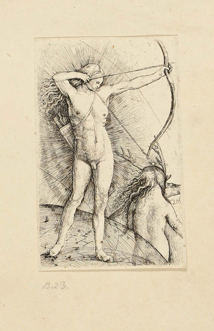 Hieronymus Hopfer, um 1500 Augsburg - nac...: Hieronymus Hopfer, um 1500 Augsburg - nach 1550 Nrnberg - 'Apollo und Diana' - Radierung. 13,5 x 8,5 cm. Auf Unterlegkart mont. - Zustand: Minim. fleckig. Kl. Stelle M. u. Spterer Druck, wohl aus dem