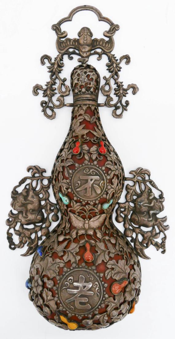 A Chinese Silver Double Gourd Wall Vase 15''x7.5''x3''. (1 of 8)