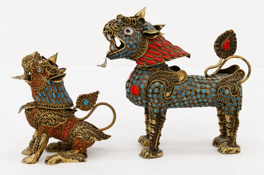 2pc Tibetan Coral & Turquoise Foo Lion Jars. Includes (1 of 2)