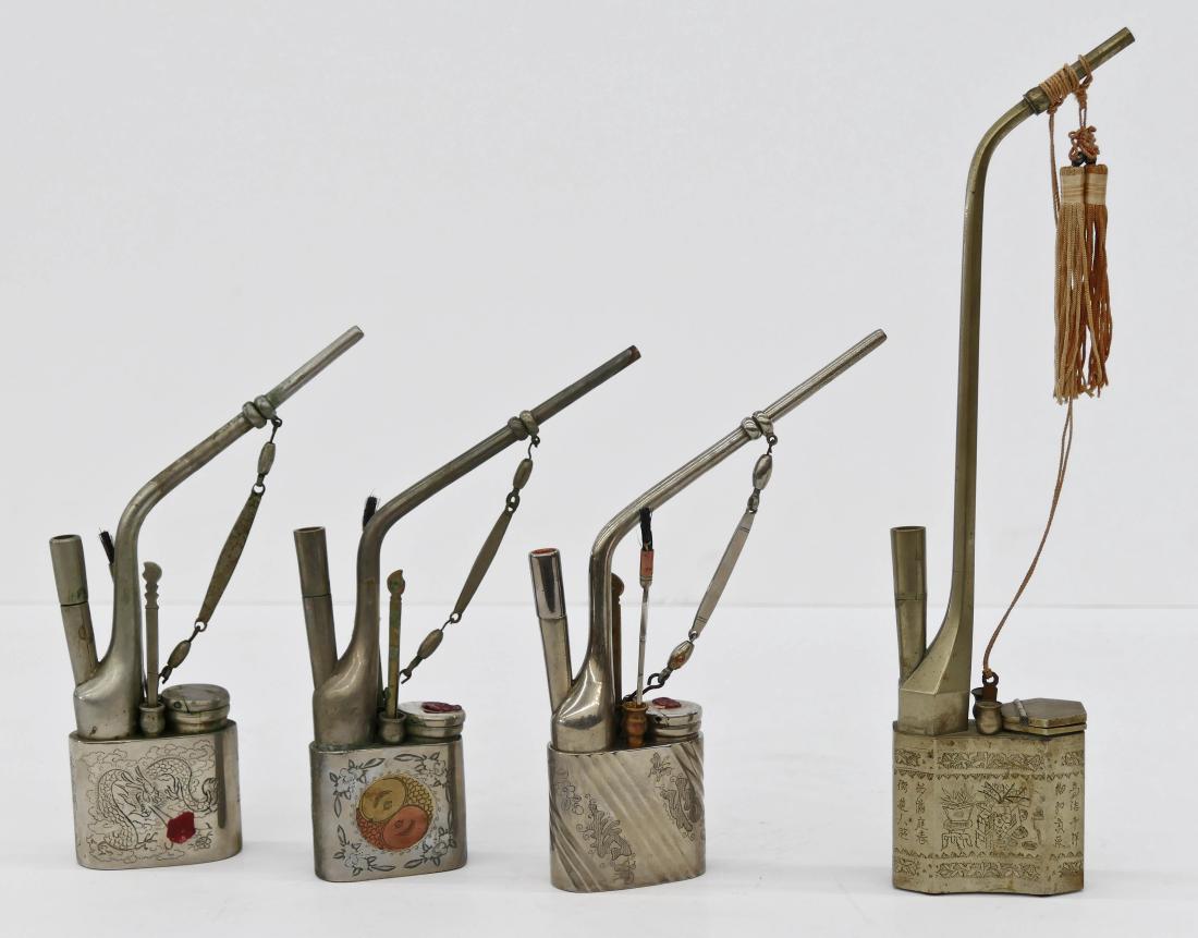 4pc Chinese Paktong Opium Pipes. All are decorated with (1 of 2)