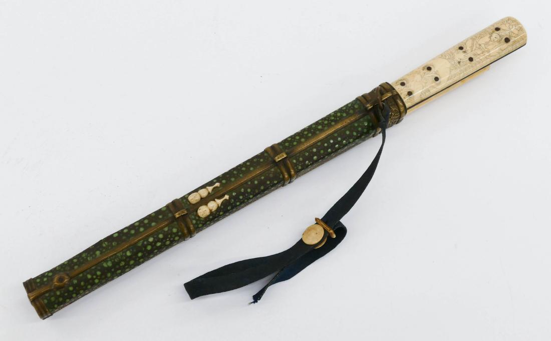 Chinese Shagreen Trousse Eating Utensil Set 12''x1''.: Chinese Shagreen Trousse Eating Utensil Set 12''x1''. Decorated bone handled knife with chopsticks. Shagreen over brass sheath. Excellent condition. 19th century, Qing dynasty.