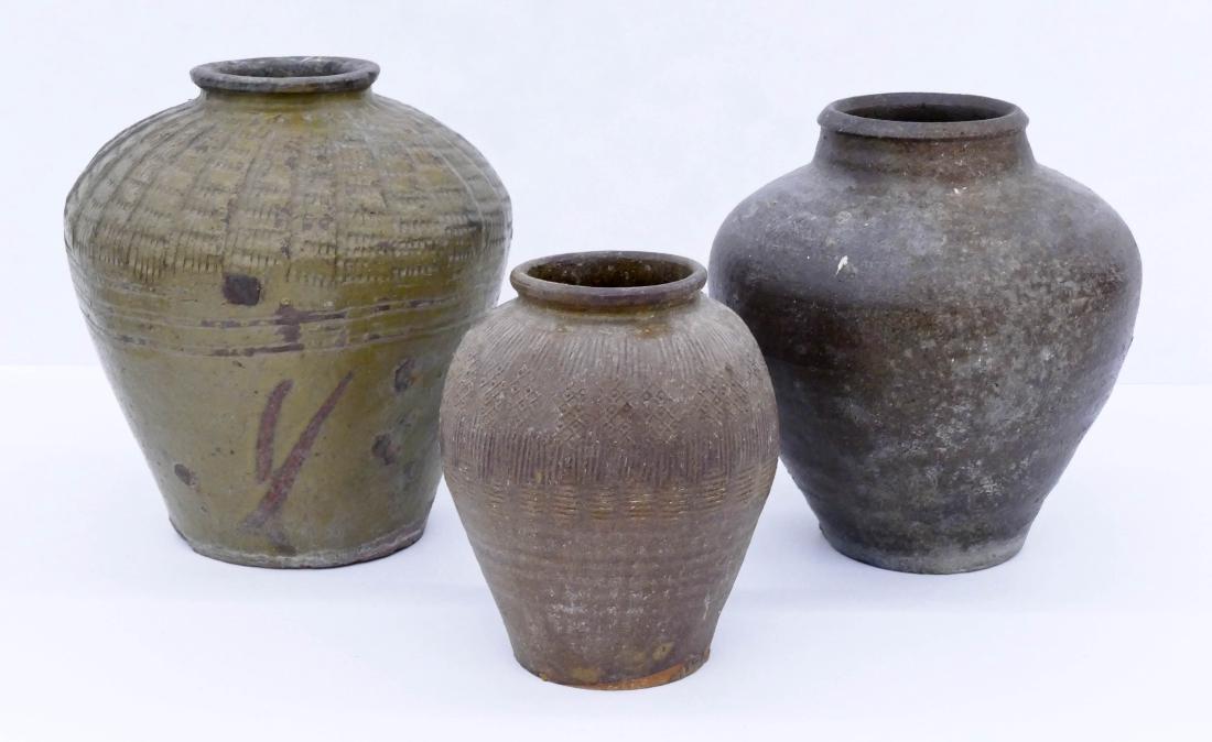 3pc Southeast Asia Stoneware Jars. Includes three jars, (1 of 2)