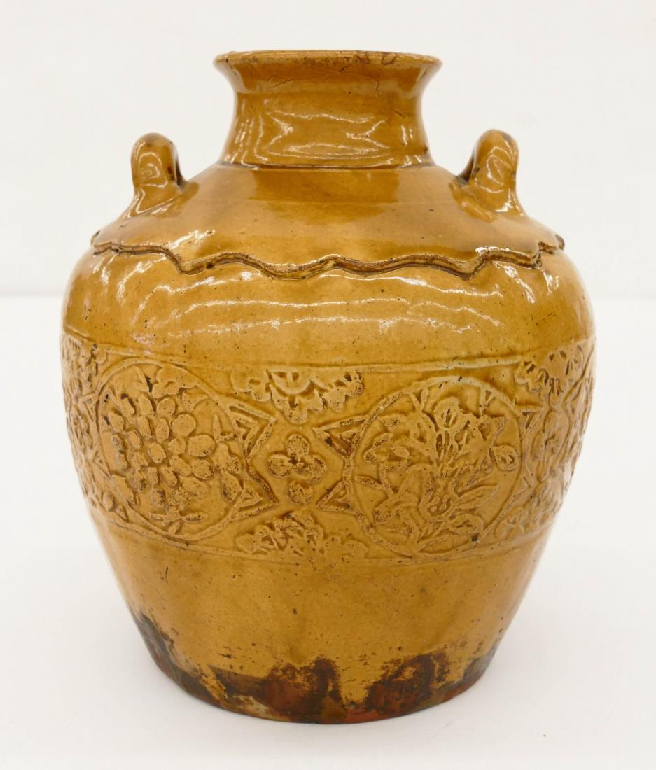 Chinese Molded Ceramic Handled Jar 6.5''x5.5''. Mustard (1 of 2)
