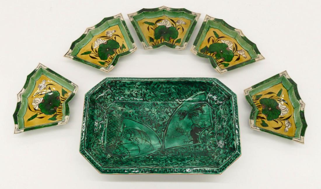 6pc Chinese Green Porcelain Meat Dishes. Includes a (1 of 3)