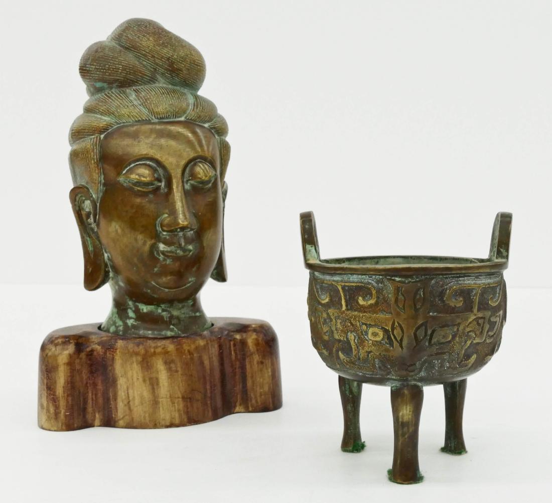 2pc Chinese Bronze Guanyin & Archaic Censor. Includes a (1 of 2)