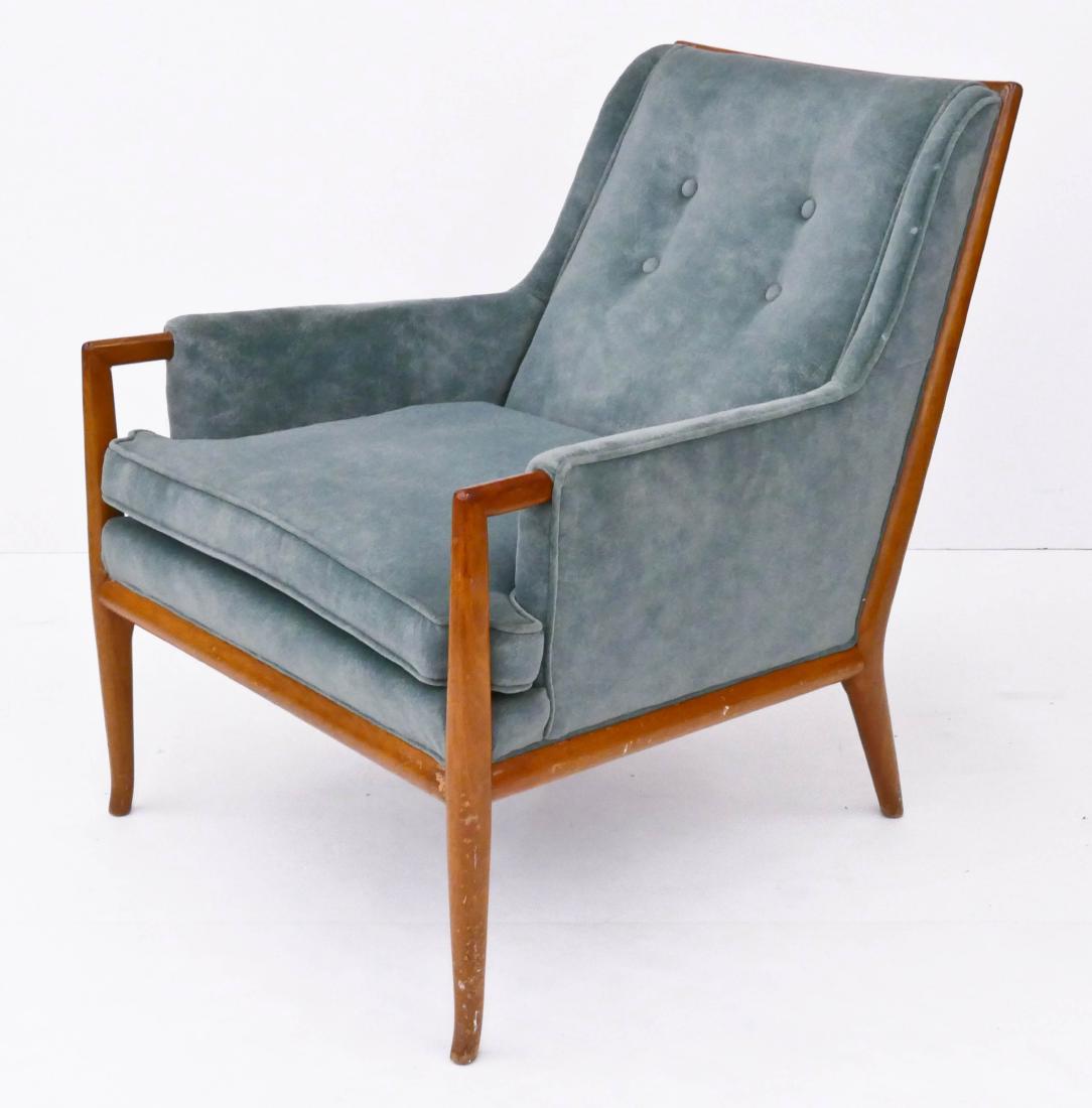 T.H. Robsjohn-Gibbings for Widdicomb Tufted Lounge: T.H. Robsjohn-Gibbings for Widdicomb Tufted Lounge Chair 32''x26''x33''. Sherry finish walnut with green reupholstery. Overall wear to frame.