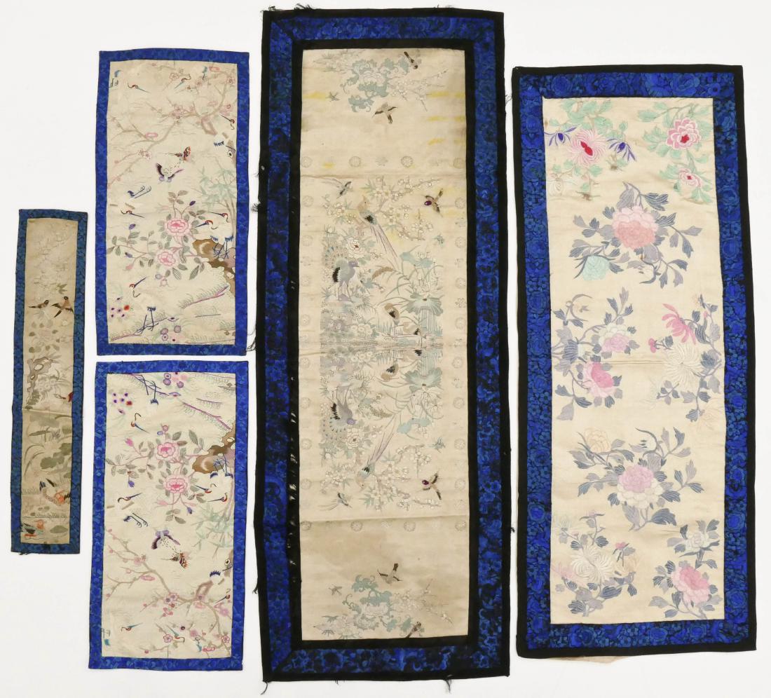 5pc Chinese Cobalt Border Silk Embroidered Panels. (1 of 4)