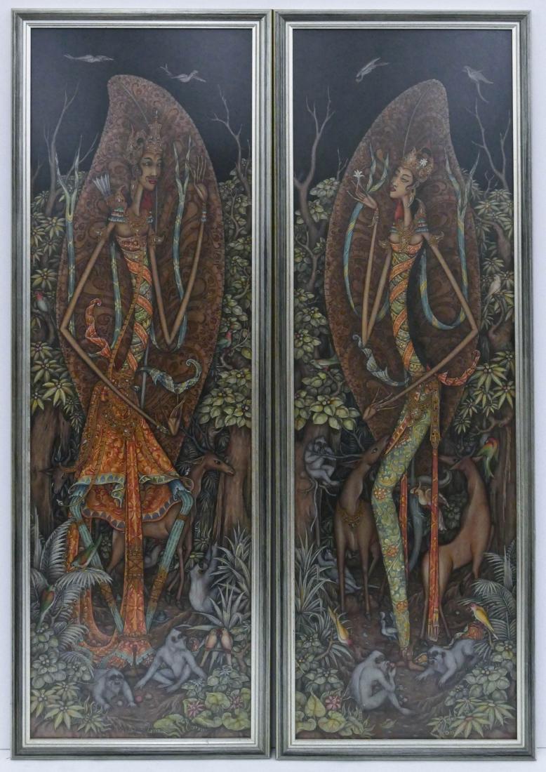 Pair Wy Bargawan Indonesian King & Queen Paintings: Pair Wy Bargawan Indonesian King & Queen Paintings 44''x14'' Image Each. An intricate opposing pair of polychrome ink on cloth. Signed l.r. corner. Framed 46''x16'' Each. Mid 20th century, Indonesia.