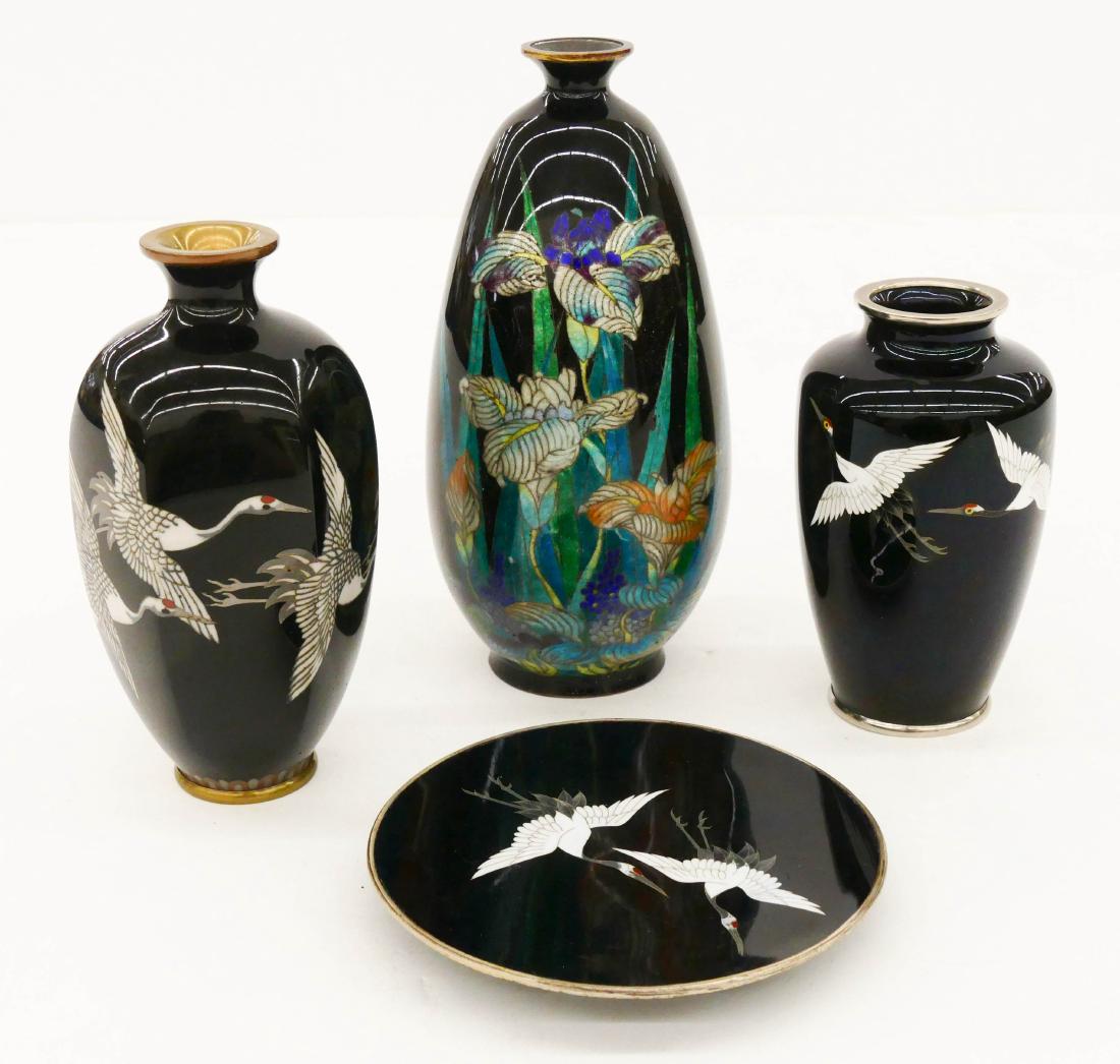 4pc Japanese Black Cloisonne Vases & Dish. Includes two (1 of 2)