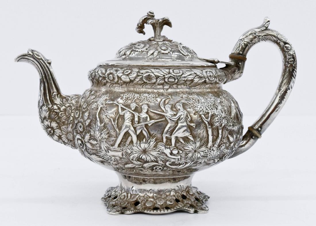 Early American Repousse Silver Teapot Attributed to: Early American Repousse Silver Teapot Attributed to Samuel Kirk of Baltimore, Maryland 6.75''x10.5''. Finely chased with Chinoiserie motifs and Native American battle scene on verso. Unmarked with no 
