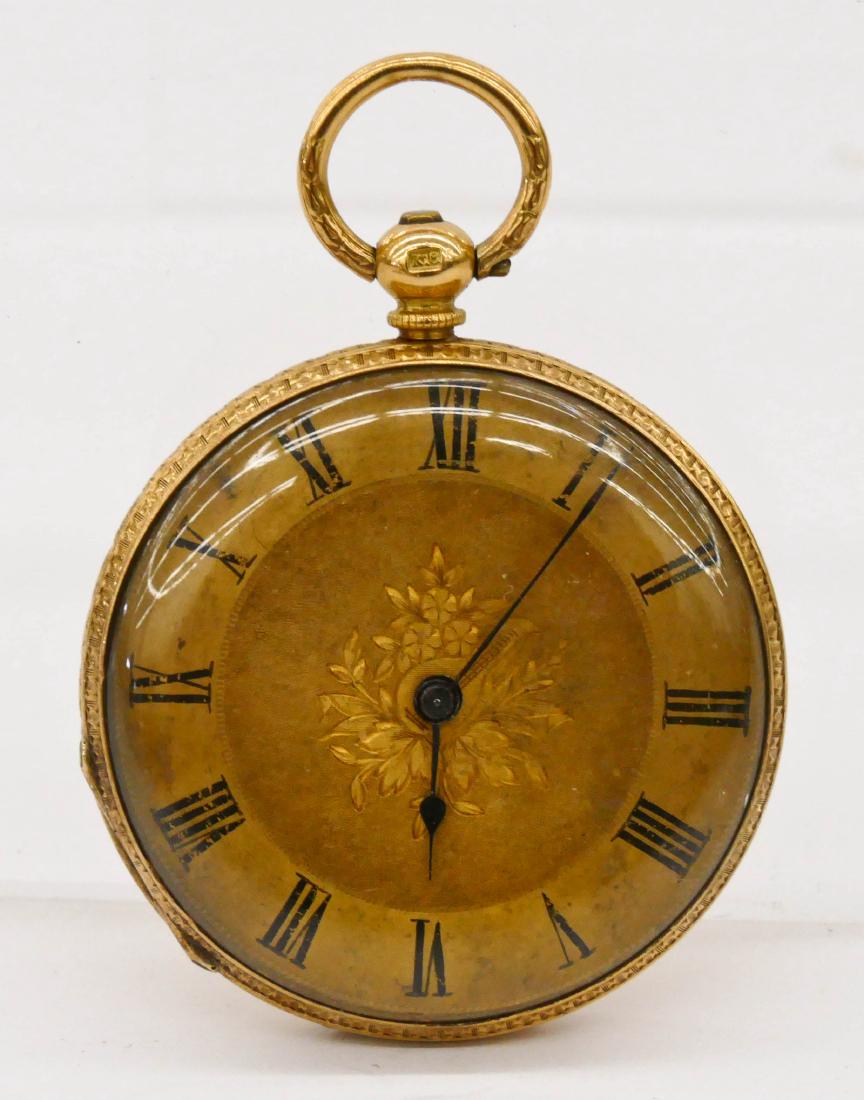 Antique Swiss 18k Cased Key Wind Pocket Watch: Antique Swiss 18k Cased Key Wind Pocket Watch 2.25''x1.5''. Non-working order. It weighs 40.9 grams total. Gold hunting case.