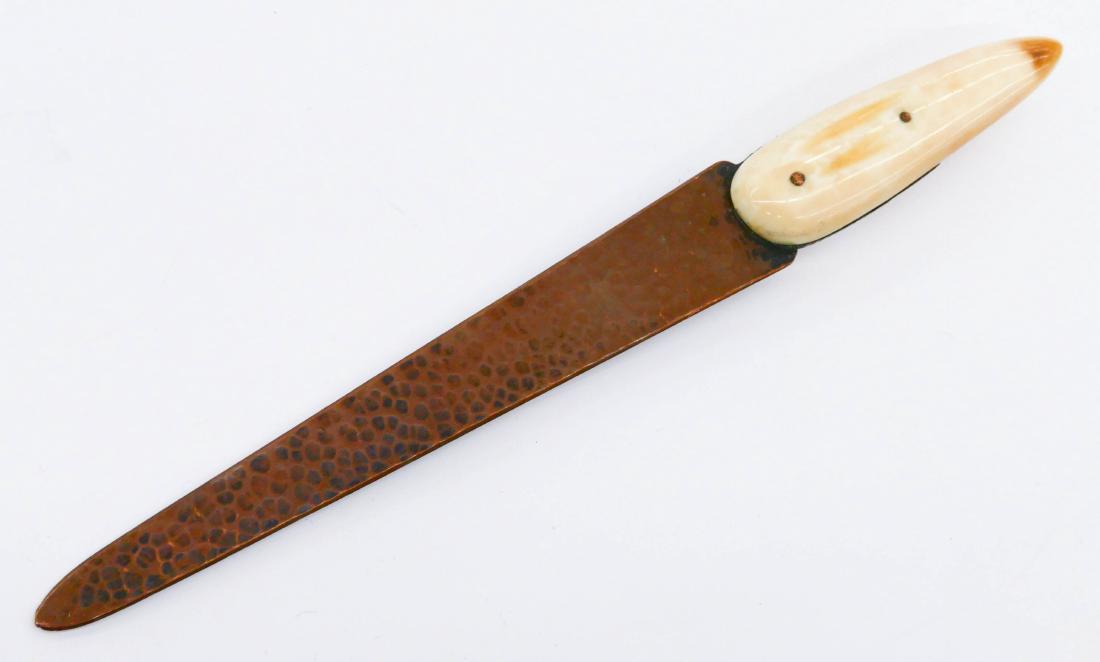 Albert Berry Attributed Copper Letter Opener 8.5''x1''.: Albert Berry Attributed Copper Letter Opener 8.5''x1''. Arts and crafts hammered copper blade with tusk handle. Overall excellent condition.