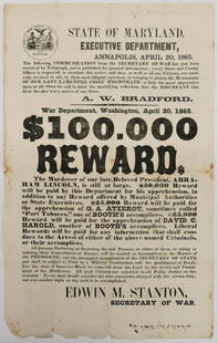 A Rare 1865 Lincoln Assassination Broadside: A Rare 1865 Lincoln Assassination Broadside 19.25''x12''. One of 50 or so known to exist, this is the wanted poster for John Wilkes Booth and his accomplices for the assassination of our 16th presiden