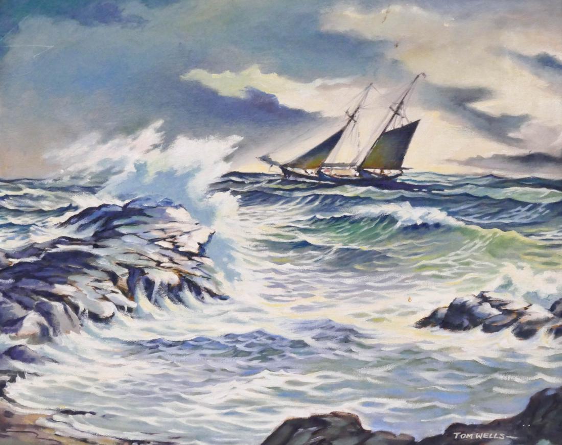 Thomas Wells (1916-2004 Washington) ''Lee Shore'' Oil: Thomas Wells (1916-2004 Washington) ''Lee Shore'' Oil on Board 16''x20'' Image. An early maritime painting by this well known ship artist. Signed l.r. and titled on verso. Framed 21''x25''. Some light