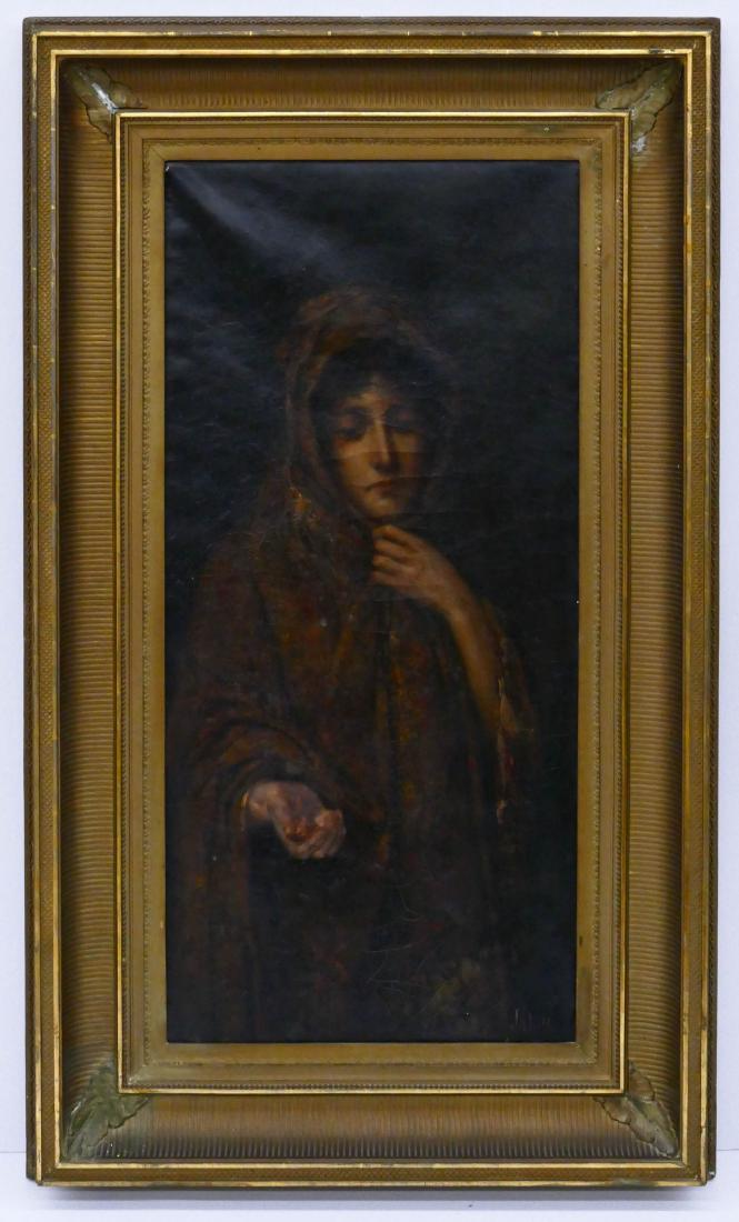 John Henry Witt (1840-1901 American) Gypsy Woman Oil on: John Henry Witt (1840-1901 American) Gypsy Woman Oil on Canvas 39''x18'' Image. A charming female portrait oil signed l.r. corner. Ornate period frame 51''x30''. Scattered craquelure with some small p