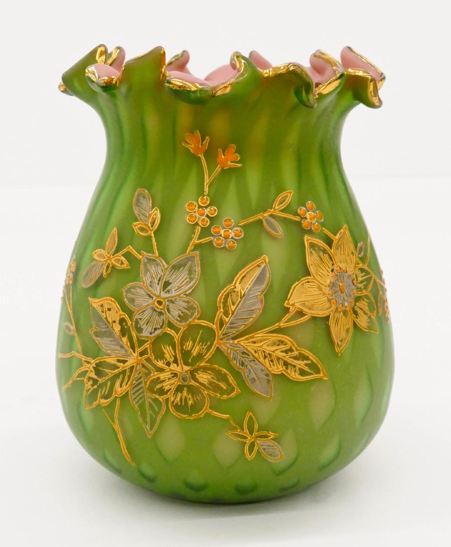 Thomas Webb Green Satin Ruffled Vase 5''x4''. Gilt: Thomas Webb Green Satin Ruffled Vase 5''x4''. Gilt decorated glass cabinet vase. Cased glass with pink interior and diamond satin exterior. Enameled numbering on bottom. Excellent condition.